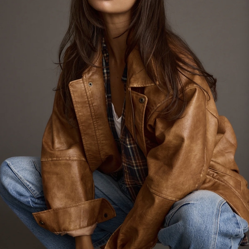 Tan Vegan Leather Bomber Jacket. Brand New